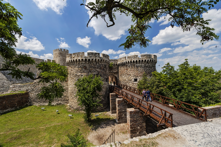 Image of the ruins of Belgrade fortress surrounded by green trees and fields