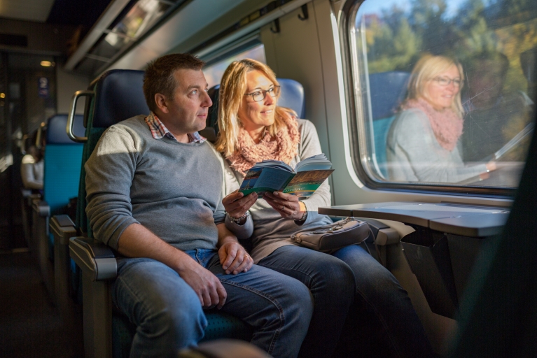 Couple reading a book in Swiss highspeed train-original