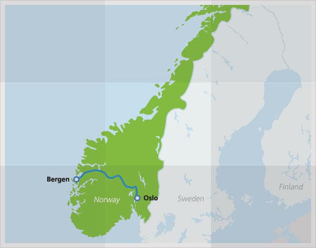 Mapa com a rota da ferrovia Bergen
