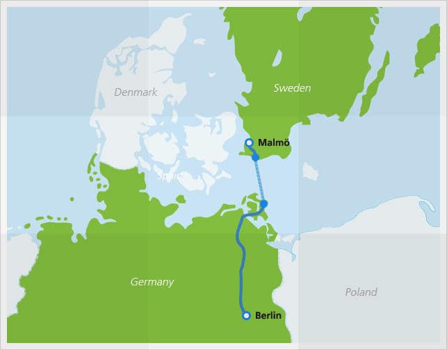 Mapa com a rota do Berlin Night Express
