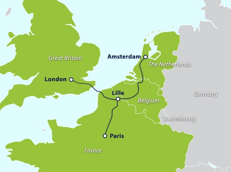 Mapa con las rutas del Eurostar