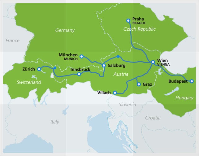 Mapa com as rotas do Railjet