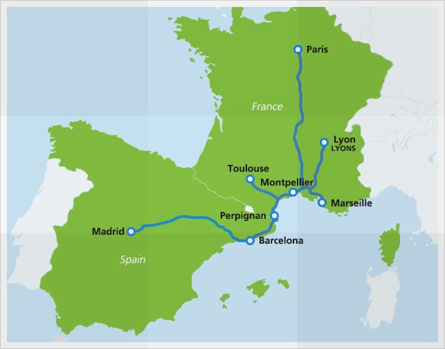 Mapa com as rotas do trem de alta velocidade Renfe-SNFC