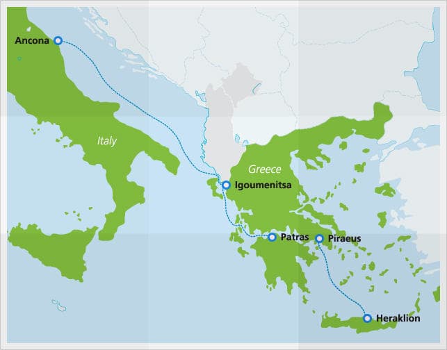 Mapa das rotas de balsa da Minoan Lines