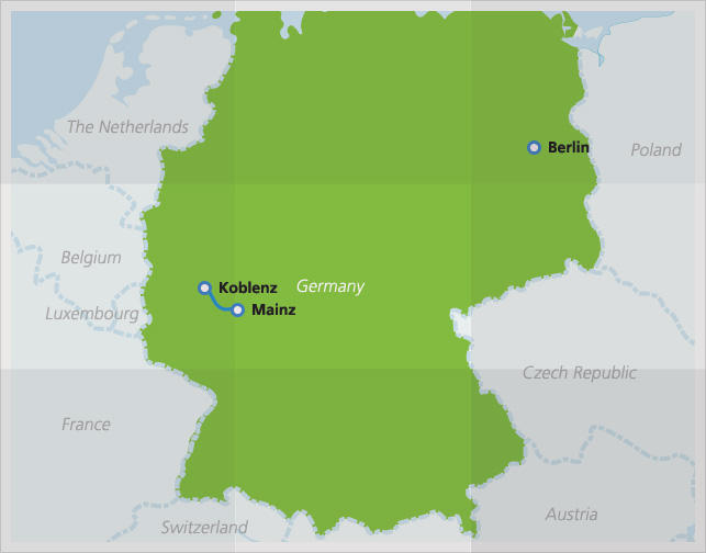 Mapa com a rota do Rhine Valley Line