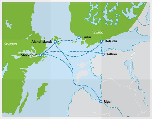 Mapa com as rotas de balsas Tallink Silja