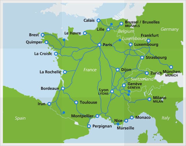 Mapa do TGV com rotas de 2016