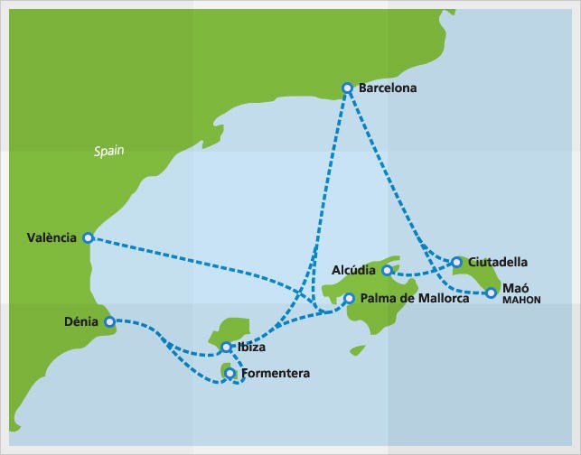 Mapa com as rotas da balsa Balearia