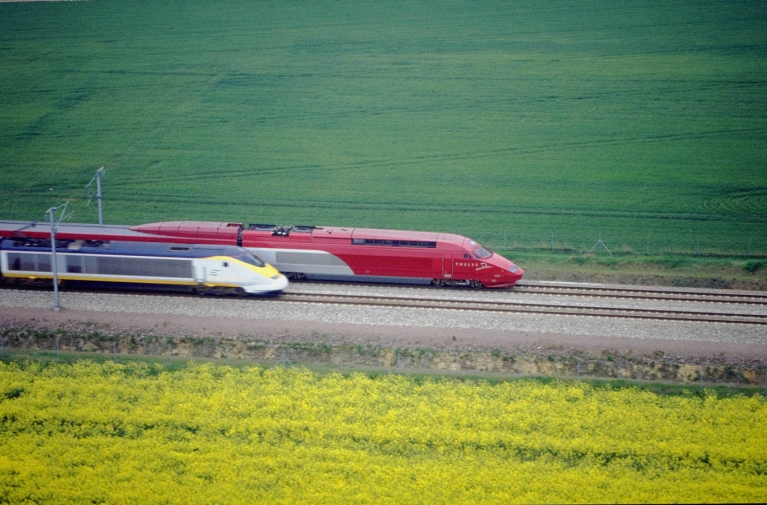 Thalys and Eurostar high-speed trains crossings fields in France