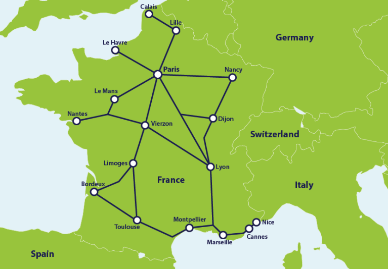 Map with popular train routes in France