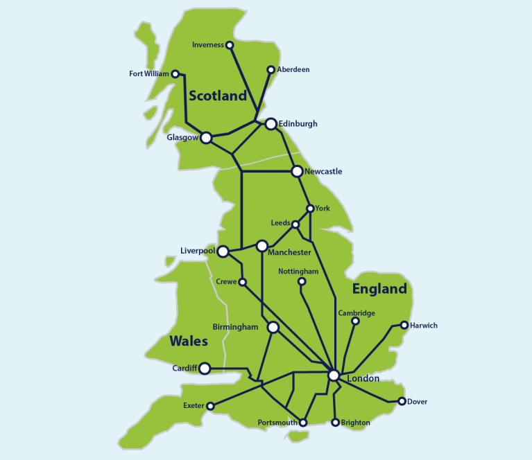 Mapa das principais rotas de trem na Grã-Bretanha