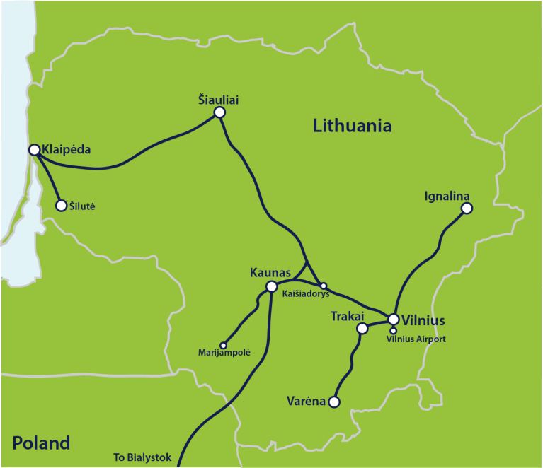 Map of major train routes in Lithuania