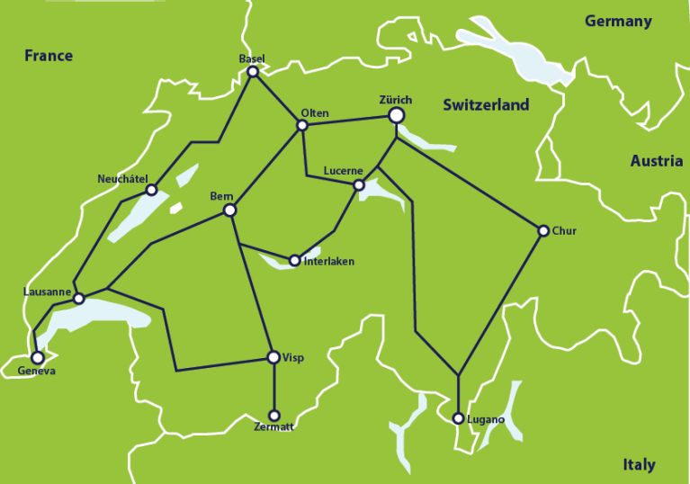 Suíça: mapa com as principais conexões de trem